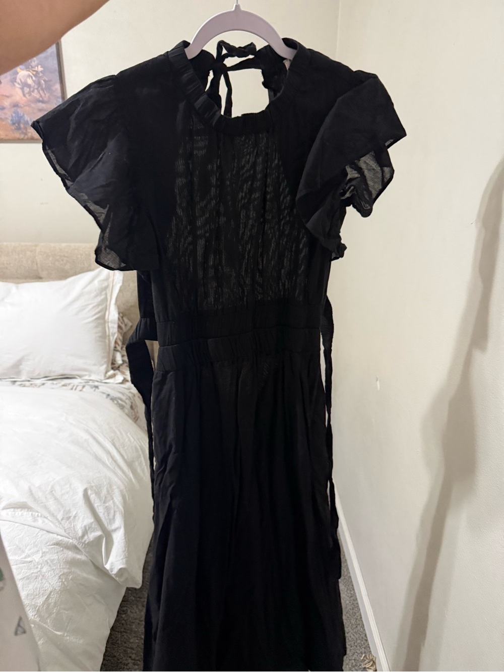 Elan Black Backless Ruffle-Sleeve Midi Dress